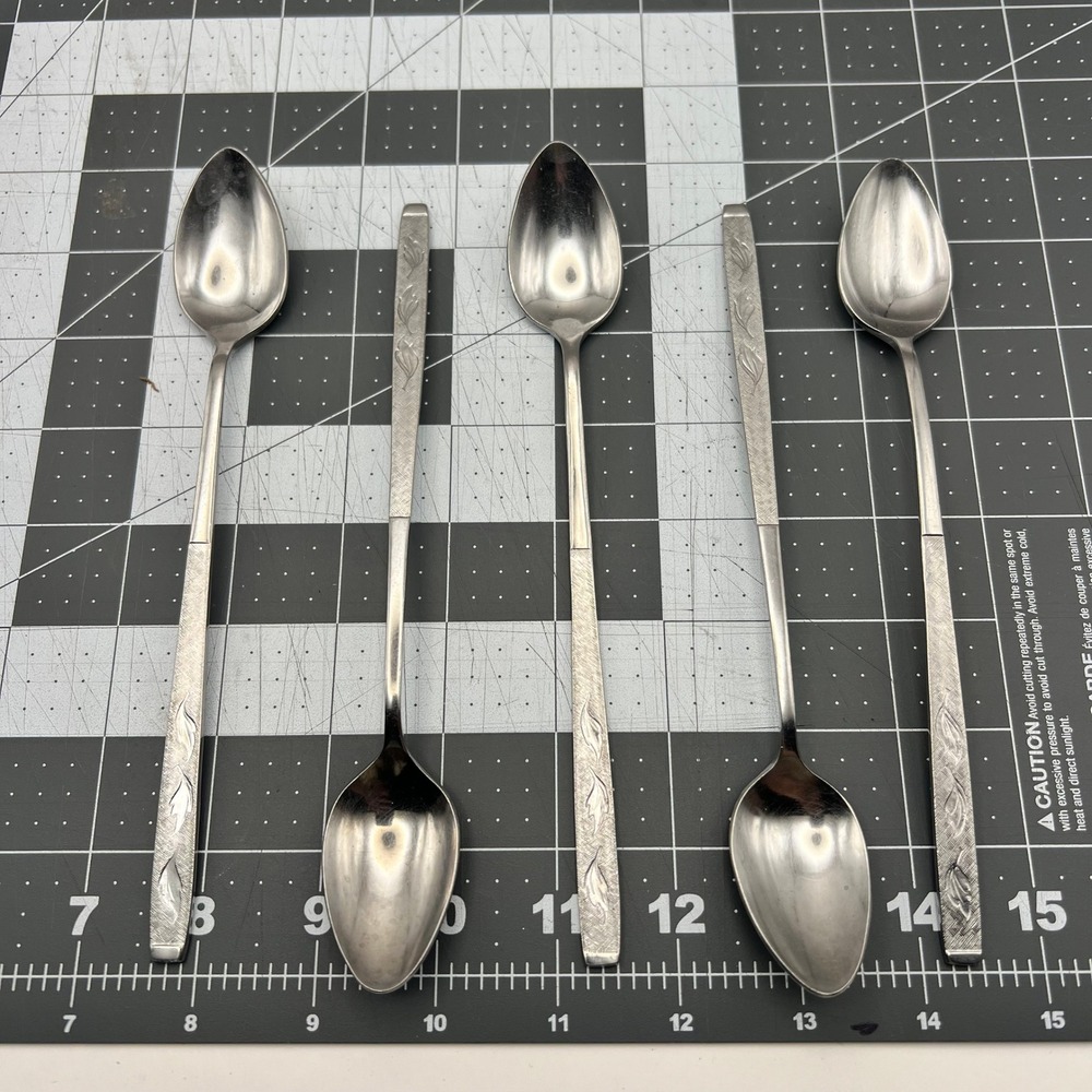 Carlton CAS2 Iced Tea Spoons Set of 5 Stainless Korea Burnished Leaf Pattern